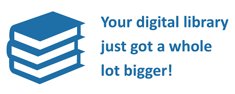 Blue books with digital library slogan
