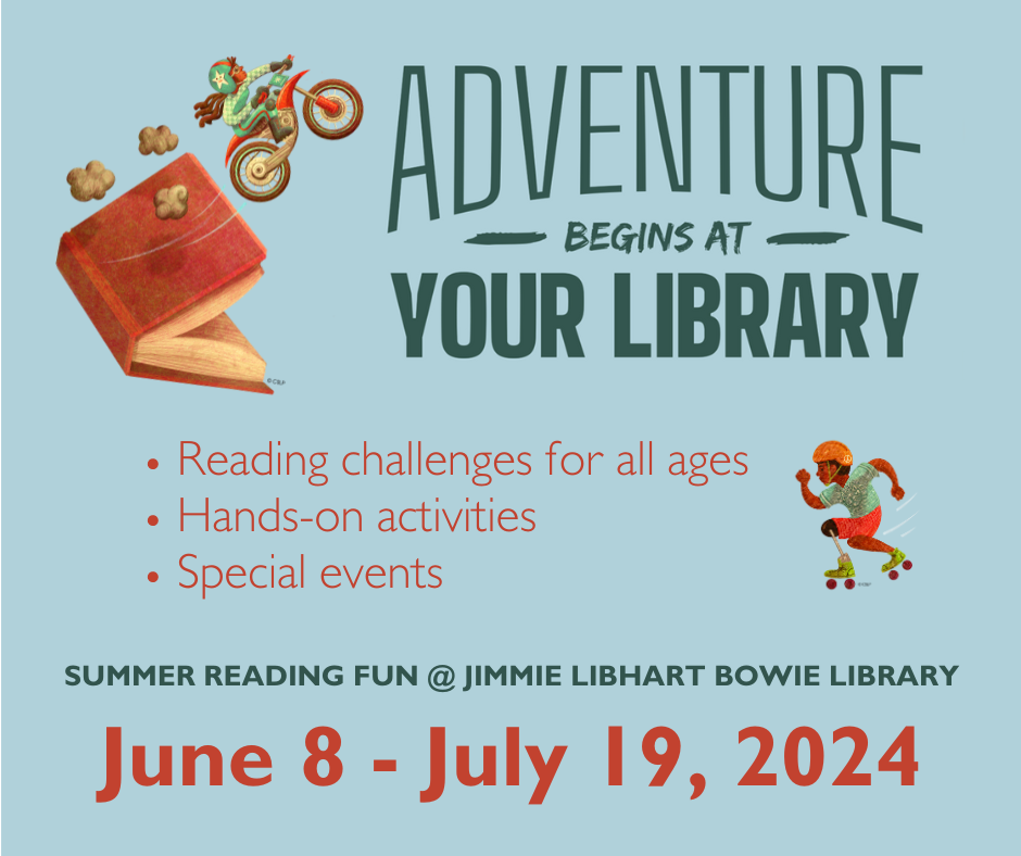 Blue graphic promoting 2024 Adventure Begins at Your Library summer program