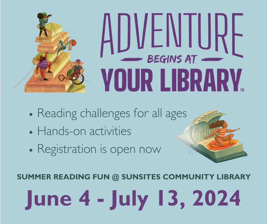 Blue graphic promoting 2024 Adventure Begins at Your Library summer program