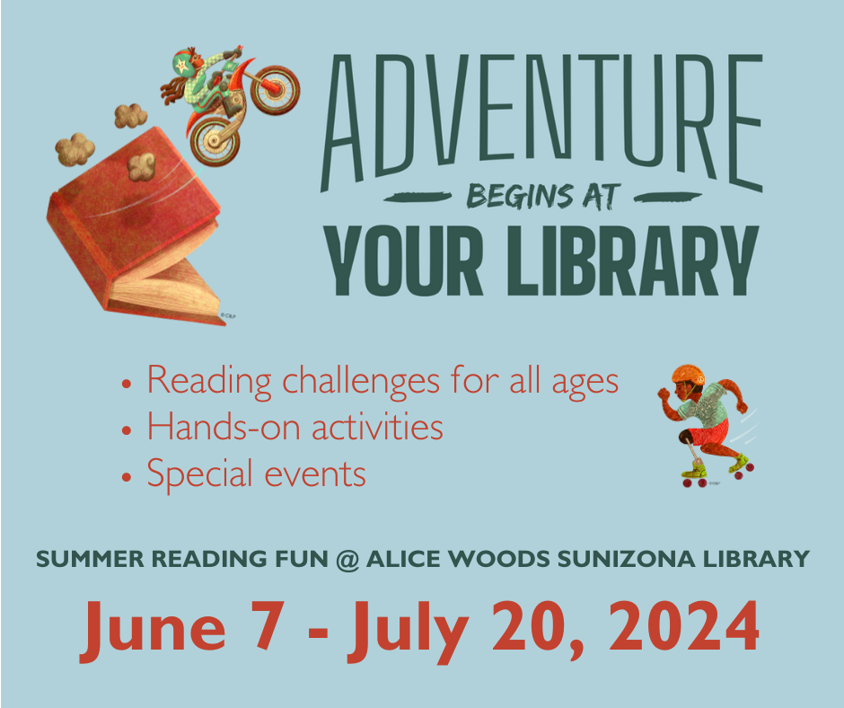 Blue graphic promoting 2024 Adventure Begins at Your Library program
